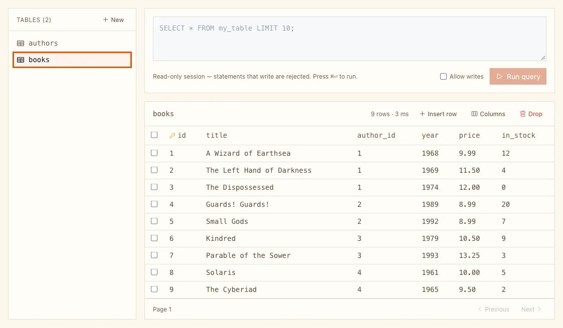 Postgres next to the app, with a data explorer.